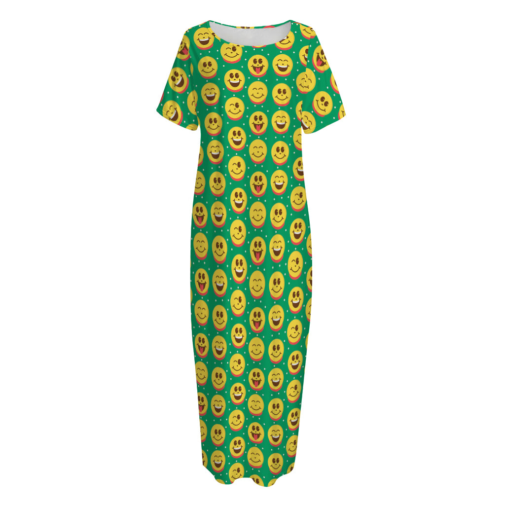 Cute Christmas Emoji Pattern Print Short Sleeve Long Nightdress