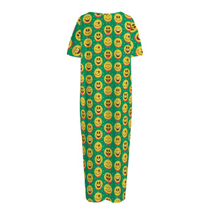 Cute Christmas Emoji Pattern Print Short Sleeve Long Nightdress