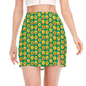 Cute Christmas Emoji Pattern Print Side Slit Mini Skirt