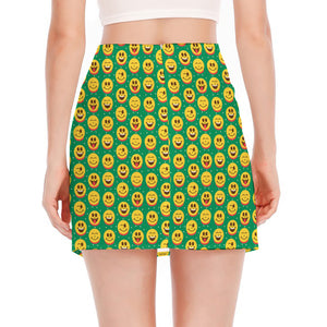 Cute Christmas Emoji Pattern Print Side Slit Mini Skirt