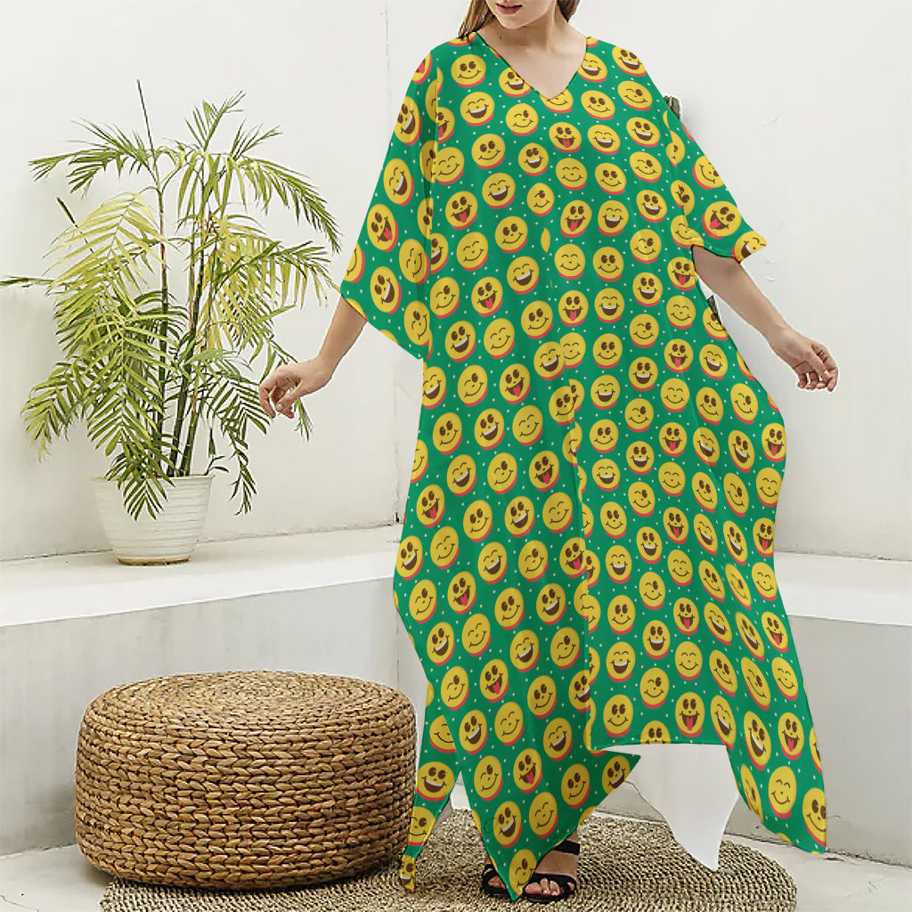 Cute Christmas Emoji Pattern Print Silk V-Neck Kaftan Dress