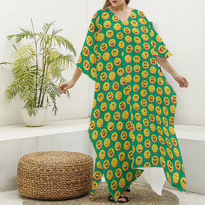 Cute Christmas Emoji Pattern Print Silk V-Neck Kaftan Dress