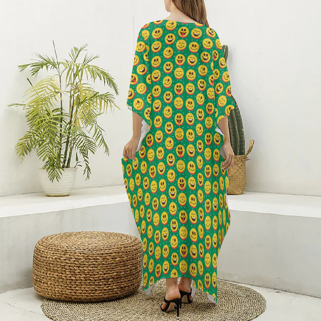 Cute Christmas Emoji Pattern Print Silk V-Neck Kaftan Dress