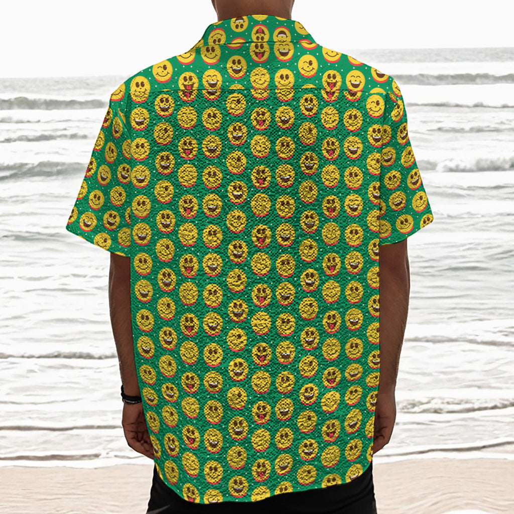 Cute Christmas Emoji Pattern Print Textured Short Sleeve Shirt