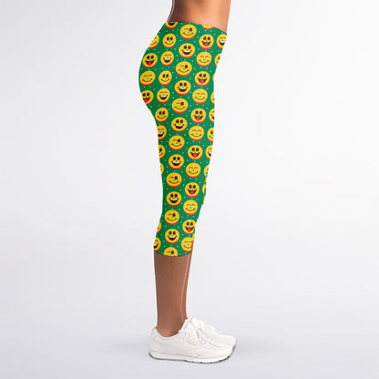 Cute Christmas Emoji Pattern Print Women's Capri Leggings