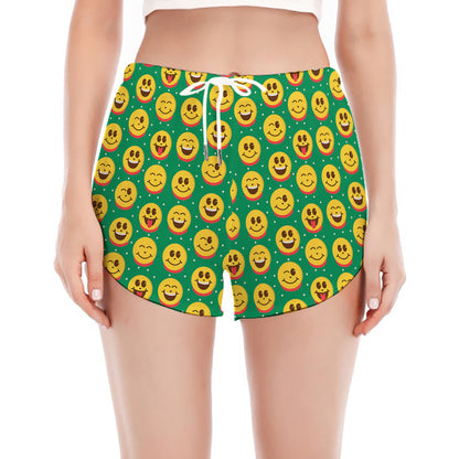 Cute Christmas Emoji Pattern Print Women's Split Running Shorts