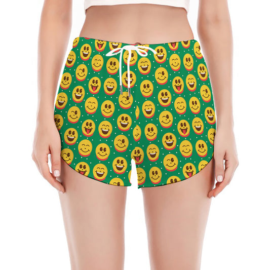 Cute Christmas Emoji Pattern Print Women's Split Running Shorts