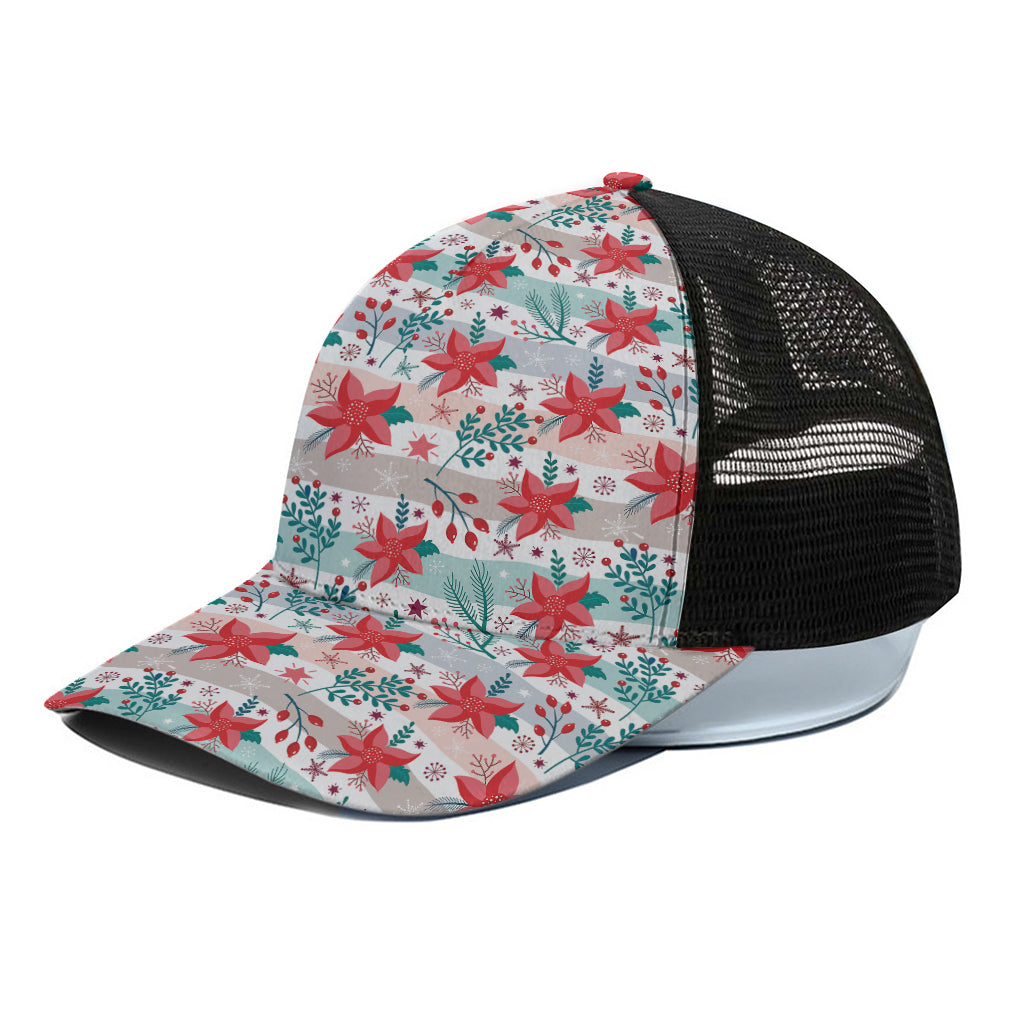 Cute Christmas Poinsettia Pattern Print Black Mesh Trucker Cap