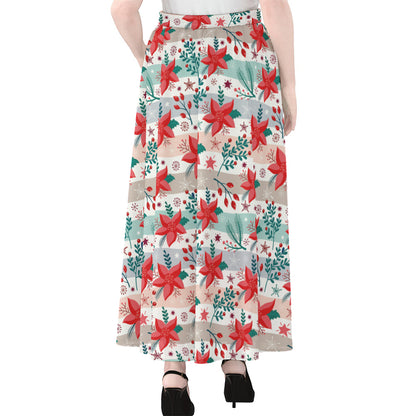 Cute Christmas Poinsettia Pattern Print Chiffon Maxi Skirt