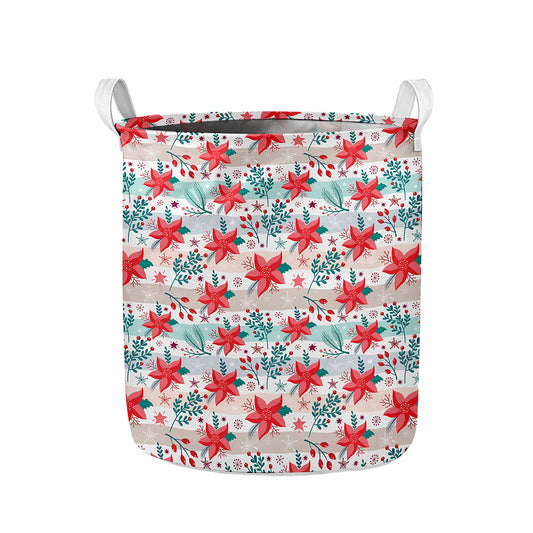 Cute Christmas Poinsettia Pattern Print Collapsible Laundry Basket