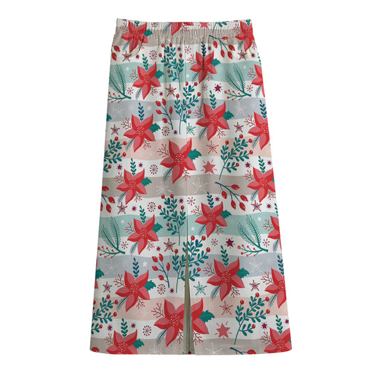 Cute Christmas Poinsettia Pattern Print Cotton Front Slit Maxi Skirt