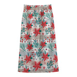 Cute Christmas Poinsettia Pattern Print Cotton Front Slit Maxi Skirt