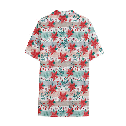 Cute Christmas Poinsettia Pattern Print Cotton Hawaiian Shirt