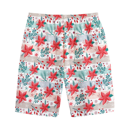Cute Christmas Poinsettia Pattern Print Cotton Shorts