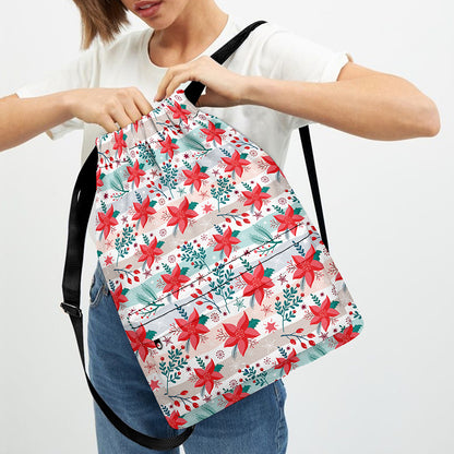 Cute Christmas Poinsettia Pattern Print Drawstring Backpack