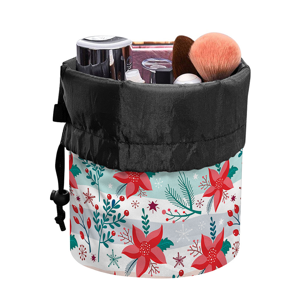 Cute Christmas Poinsettia Pattern Print Drawstring Makeup Bag