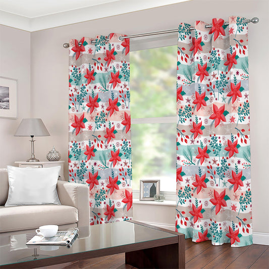 Cute Christmas Poinsettia Pattern Print Extra Wide Grommet Curtains