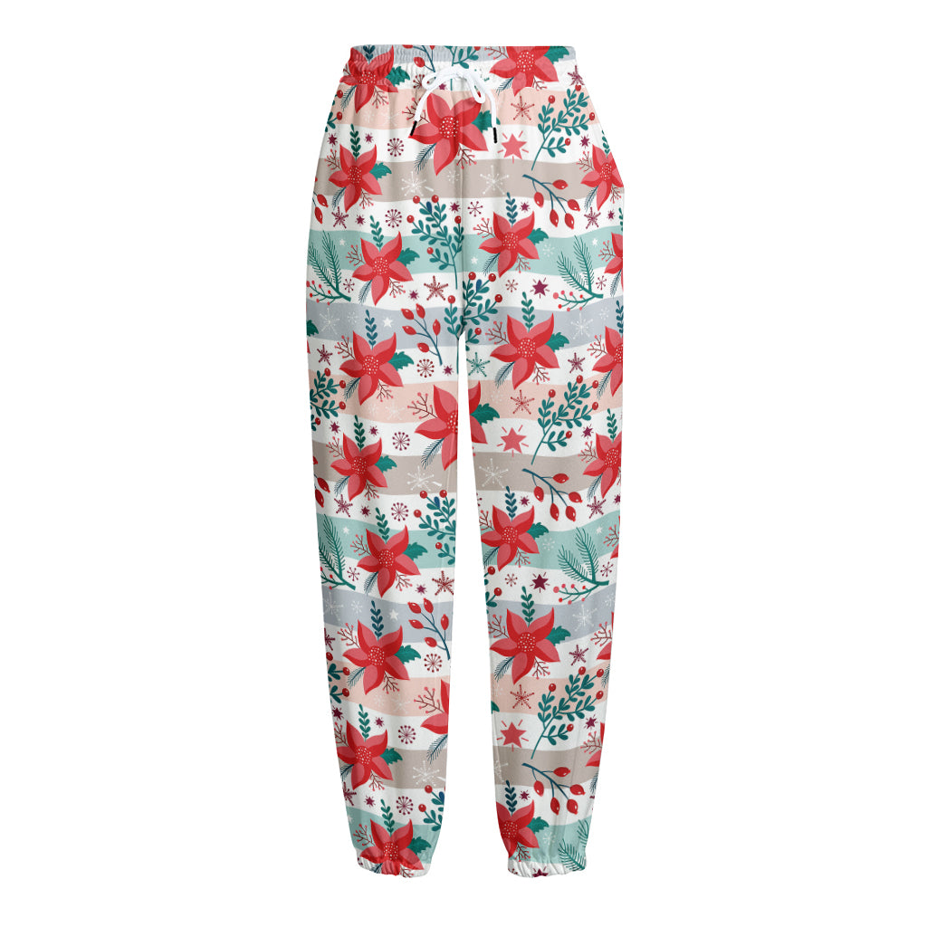 Cute Christmas Poinsettia Pattern Print Fleece Lined Knit Pants