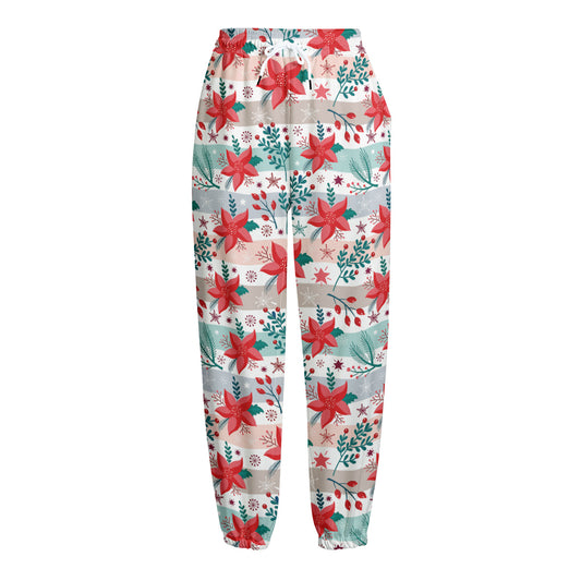 Cute Christmas Poinsettia Pattern Print Fleece Lined Knit Pants