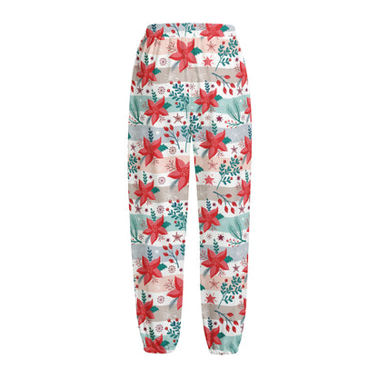 Cute Christmas Poinsettia Pattern Print Fleece Lined Knit Pants