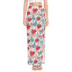 Cute Christmas Poinsettia Pattern Print High Slit Maxi Skirt