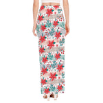 Cute Christmas Poinsettia Pattern Print High Slit Maxi Skirt