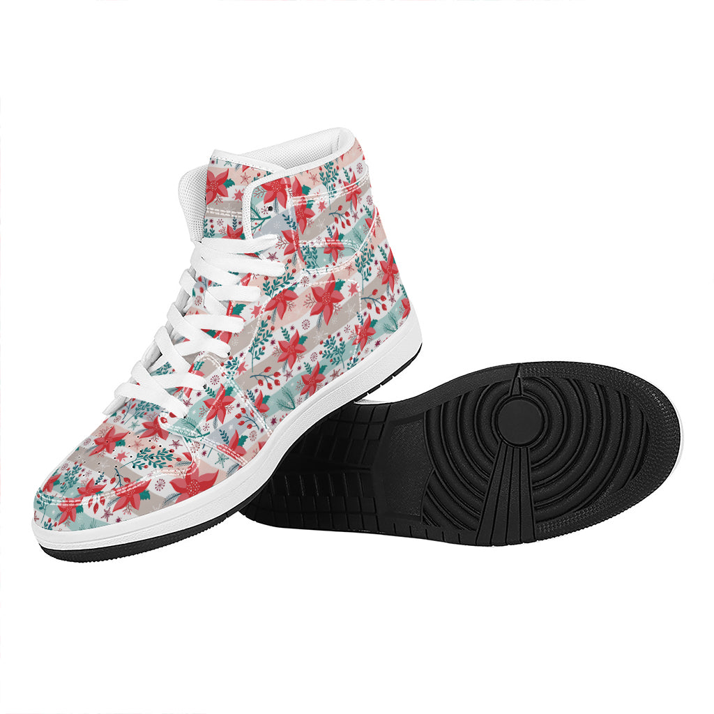 Cute Christmas Poinsettia Pattern Print High Top Leather Sneakers