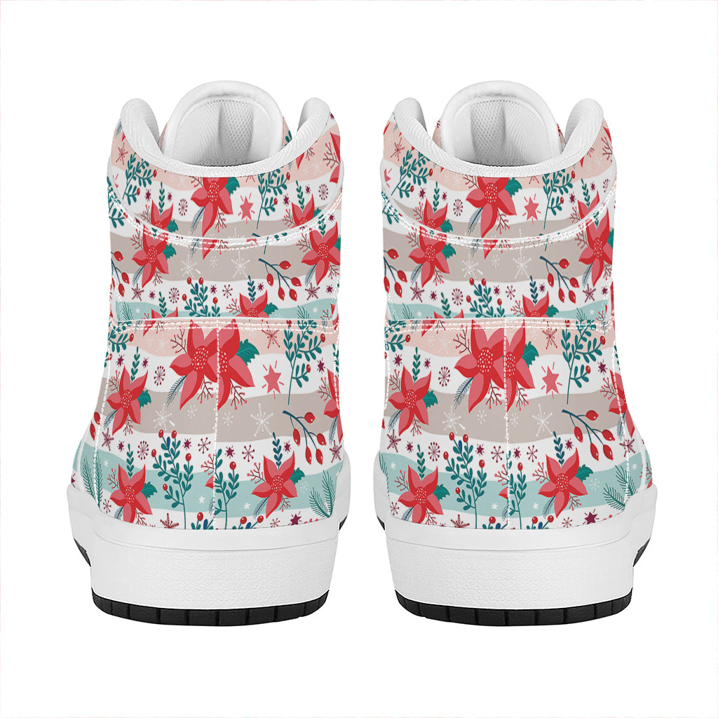 Cute Christmas Poinsettia Pattern Print High Top Leather Sneakers