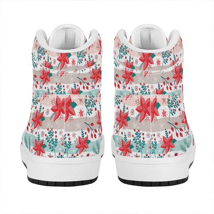 Cute Christmas Poinsettia Pattern Print High Top Leather Sneakers