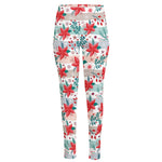 Cute Christmas Poinsettia Pattern Print High-Waisted Pocket Leggings