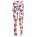 Cute Christmas Poinsettia Pattern Print High-Waisted Pocket Leggings