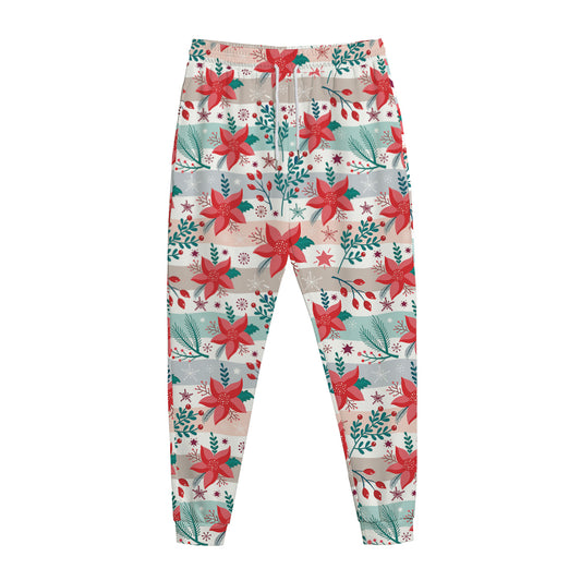 Cute Christmas Poinsettia Pattern Print Jogger Pants