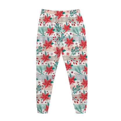Cute Christmas Poinsettia Pattern Print Jogger Pants