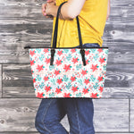 Cute Christmas Poinsettia Pattern Print Leather Tote Bag