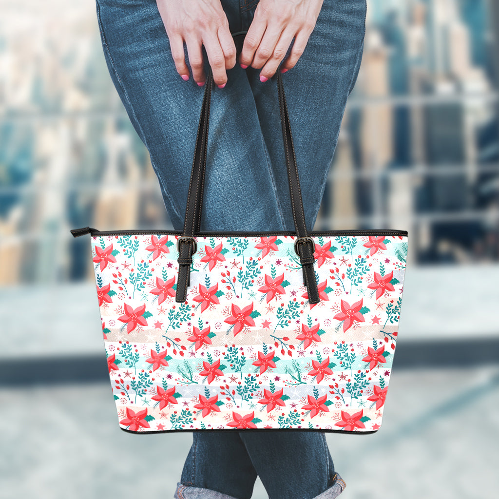 Cute Christmas Poinsettia Pattern Print Leather Tote Bag