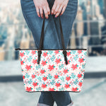 Cute Christmas Poinsettia Pattern Print Leather Tote Bag