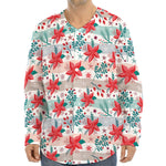 Cute Christmas Poinsettia Pattern Print Long Sleeve Baseball Jersey
