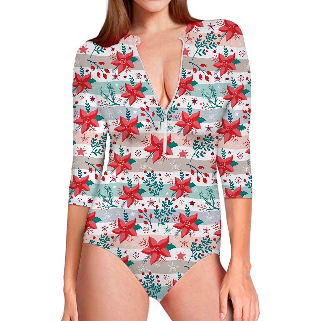 Cute Christmas Poinsettia Pattern Print Long Sleeve Swimsuit