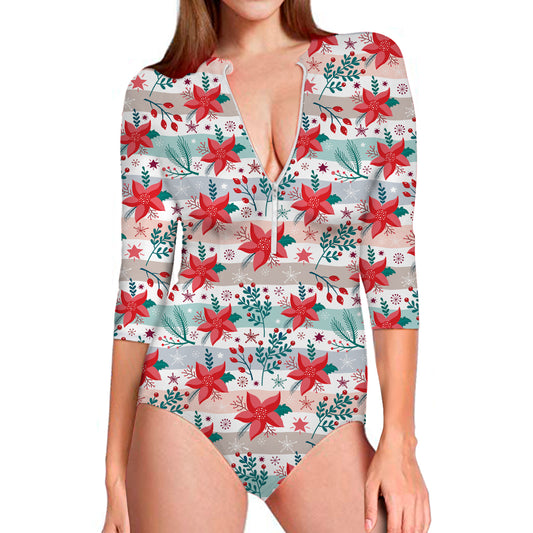 Cute Christmas Poinsettia Pattern Print Long Sleeve Swimsuit