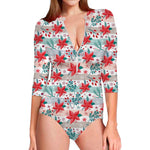 Cute Christmas Poinsettia Pattern Print Long Sleeve Swimsuit