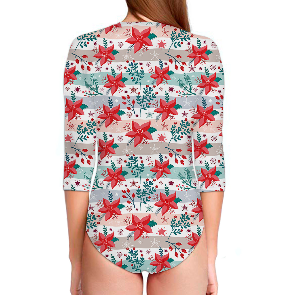 Cute Christmas Poinsettia Pattern Print Long Sleeve Swimsuit