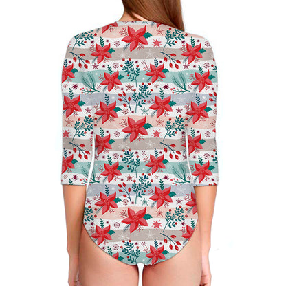 Cute Christmas Poinsettia Pattern Print Long Sleeve Swimsuit