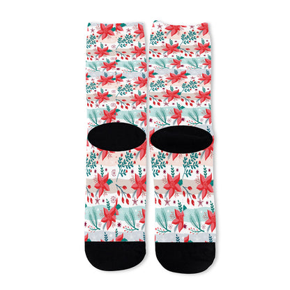 Cute Christmas Poinsettia Pattern Print Long Socks