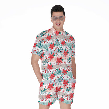Cute Christmas Poinsettia Pattern Print Men's Rompers