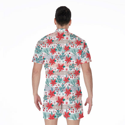 Cute Christmas Poinsettia Pattern Print Men's Rompers