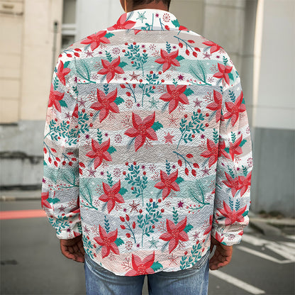 Cute Christmas Poinsettia Pattern Print Men's Shirt Jacket
