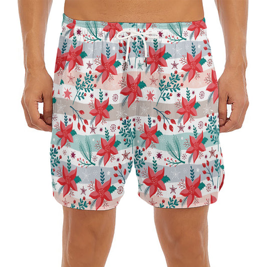 Cute Christmas Poinsettia Pattern Print Men's Split Running Shorts