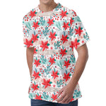 Cute Christmas Poinsettia Pattern Print Men's Velvet T-Shirt