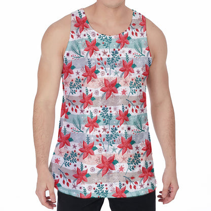 Cute Christmas Poinsettia Pattern Print Men's Velvet Tank Top