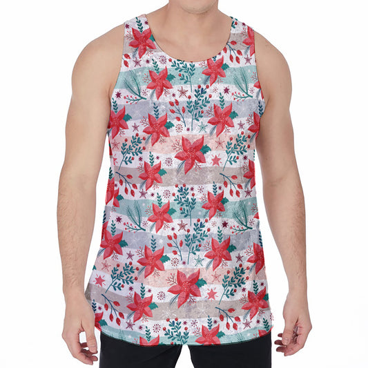 Cute Christmas Poinsettia Pattern Print Men's Velvet Tank Top